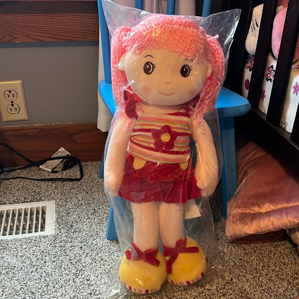 Lollipop Girl Plush Doll Yarn Hair Pink Flower Heart Dress Polyester unopened